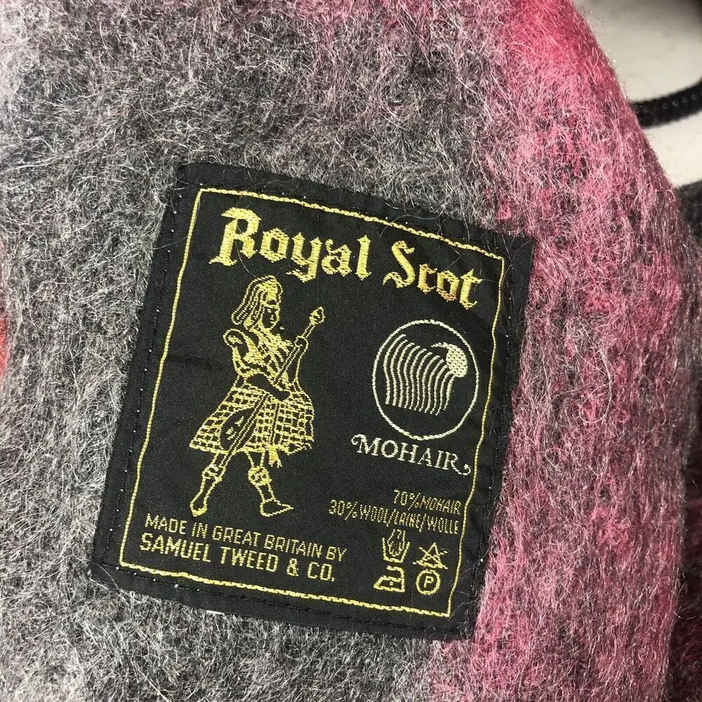 New‎ Royal Scot Plaid Blanket Red Gray Fringe Mohair Wool Afgan 57x70 Vintage